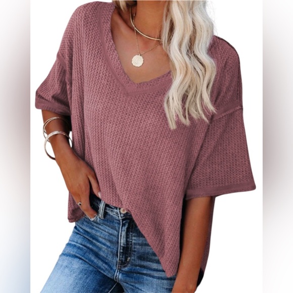 Mauve V-Neck Waffle Knit Top - Picture 3 of 7
